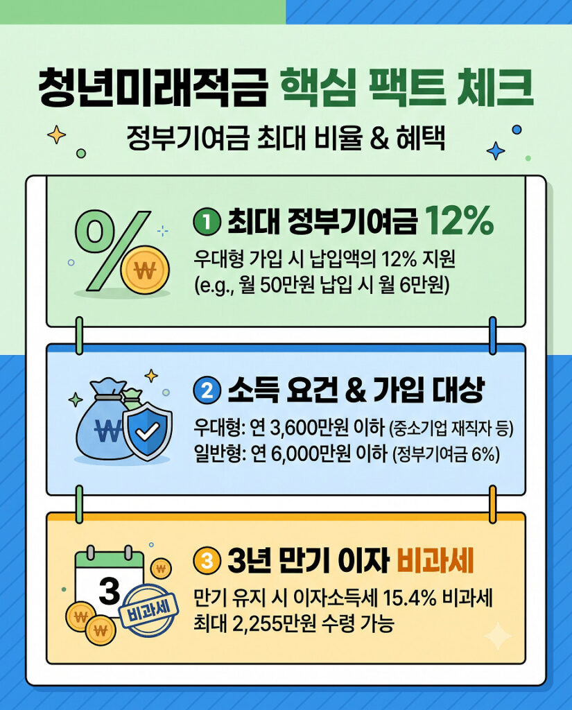 청년미래적금의 정부기여금 비율과 핵심 혜택을 정리한 2D 플랫 인포그래픽입니다. 상단에 '청년미래적금 핵심 팩트 체크' 제목과 '정부기여금 최대 비율 & 혜택' 부제가 있습니다. 중앙에는 세 가지 핵심 정보가 수직 모듈로 나열되어 있습니다. 1. 최대 정부기여금 12% (우대형 월 최대 6만원), 2. 소득 요건 및 가입 대상 (우대형 연 3.6천만원, 일반형 연 6천만원), 3. 3년 만기 목돈 마련 (최대 2,255만원 수령). 각 항목은 아이콘과 큰 가독성 높은 텍스트로 구성되었습니다.