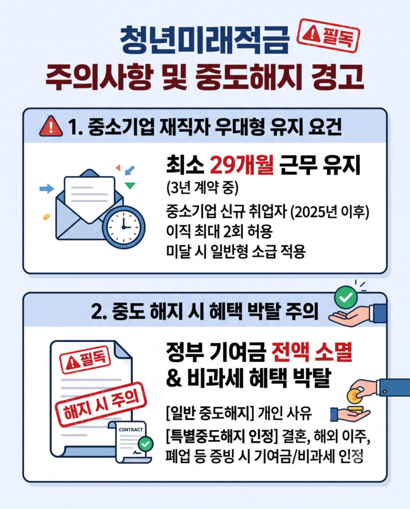 청년미래적금의 주의사항과 중도해지 경고를 담은 2D 플랫 스타일의 세로형 인포그래픽입니다. 중소기업 재직자 우대형 유지를 위한 최소 29개월 근무 요건과 이직 횟수 제한, 그리고 일반 중도해지 시 정부 기여금 소멸 및 비과세 박탈 경고가 서류 봉투와 계약서 아이콘과 함께 위아래로 깔끔하게 정리되어 있습니다.