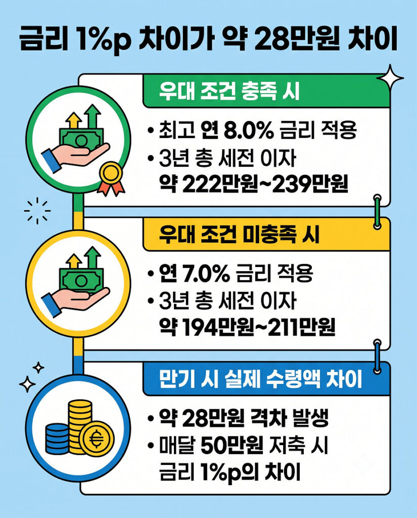 청년미래적금 은행별 금리에 따른 우대 조건 충족 여부에 따른 금리 1%p 격차가 가져오는 만기 이자 차이를 설명한 인포그래픽입니다. 연 8.0% 적용 시와 연 7.0% 적용 시 3년 세전 이자 수령액을 비교하여 약 28만원의 차이가 발생함을 한눈에 보여줍니다.
