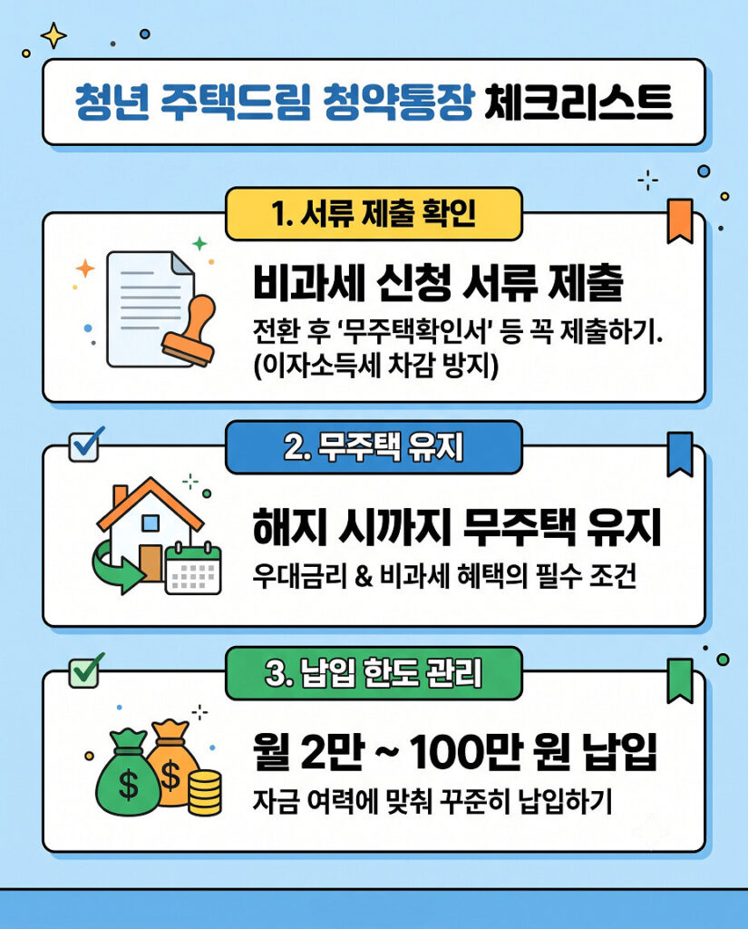 청년 주택드림 청약통장 가입 전 확인해야 할 비과세, 무주택 등 체크리스트를 담은 이미지