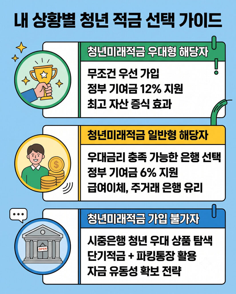 내 상황별 청년 우대 적금 선택 가이드를 담은 세로형 인포그래픽 이미지. 청년미래적금 우대형 및 일반형 해당자와 가입 불가자를 위한 단계별 선택 기준을 설명한다. 각 단계는 트로피, 동전, 은행 아이콘으로 구분된다.