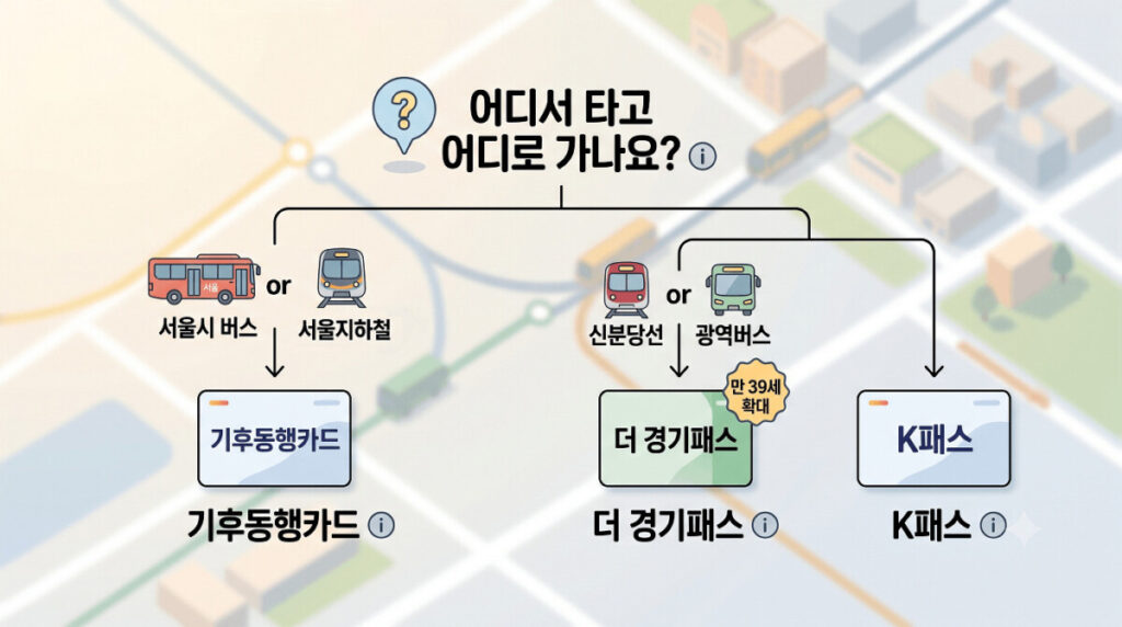청년 교통비 지원 3대장(기후동행카드, 더 경기패스, K패스)를 동선에 맞춰 설명하는 이미지