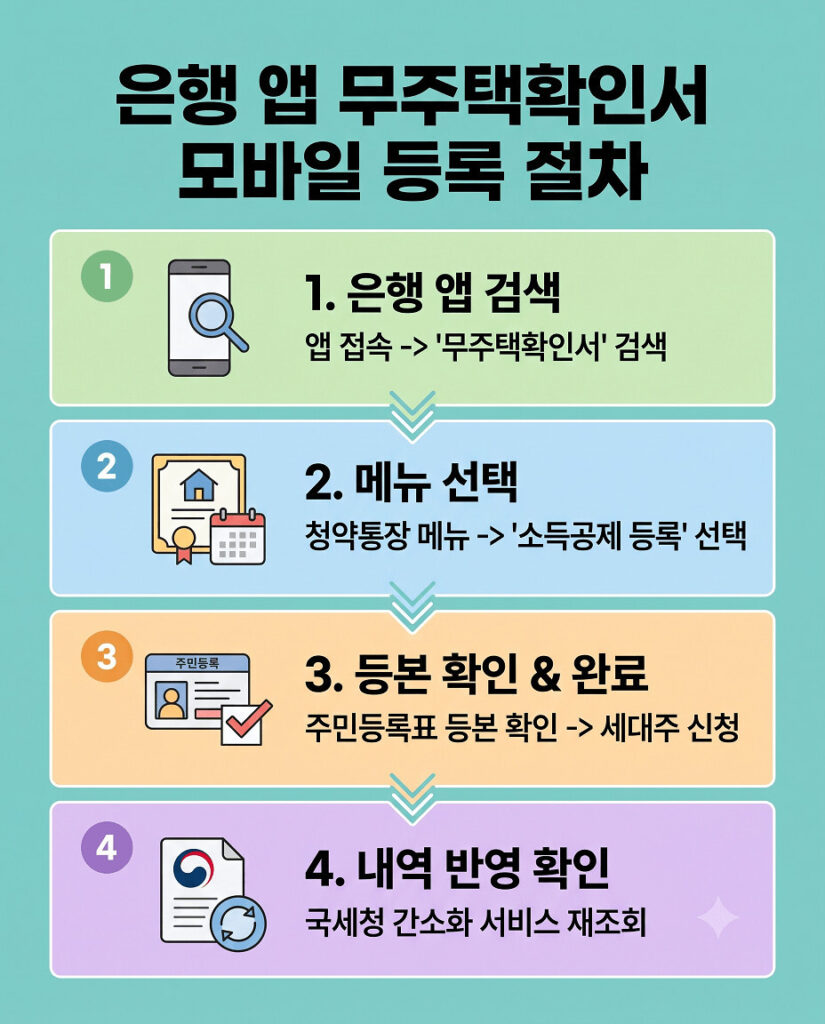 은행 앱을 통한 무주택확인서 모바일 등록 절차를 안내하는 인포그래픽입니다. 상단에 '은행 앱 무주택확인서 모바일 등록 절차' 제목이 크고, 아래로 4단계 과정이 수직으로 배열되어 있습니다. 1단계는 은행 앱 검색, 2단계는 소득공제 등록 메뉴 선택, 3단계는 주민등록표 등본 확인 및 세대주 신청 완료, 4단계는 국세청 간소화 서비스 재조회로 각 단계별 아이콘과 설명이 평면적인 2D 벡터 스타일로 구성되었습니다.