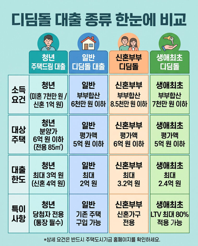 청년 주택드림, 일반, 신혼부부, 생애최초 등 네 가지 디딤돌 대출의 소득 요건, 대상 주택, 대출 한도, 특이 사항을 수평으로 명확하게 비교한 4:5 비율의 세로형 인포그래픽입니다. 각 대출 종류별로 색상이 구분된 명확한 열과 항목별 행으로 구성되어 가독성이 뛰어납니다.