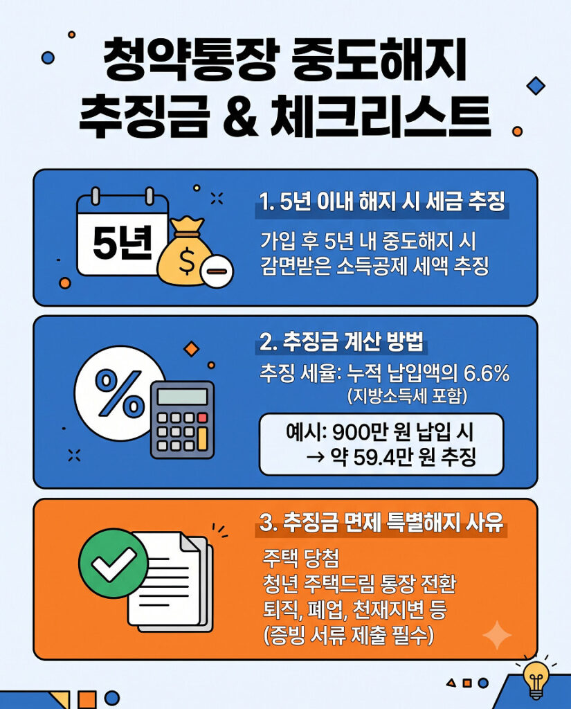 청약통장 중도해지 시 추징금 핵심 요약을 담은 인포그래픽입니다. 5년 이내 해지 시 소득공제 감면 세액에 6.6% 세율로 추징금이 부과되는 원리와 계산 예시를 보여줍니다. 주택 당첨, 청년 통장 전환, 기타 법정 사유 등 증빙 서류 제출 시 추징금이 면제되는 특별해지 사유를 아이콘으로 간결하게 정리했습니다.