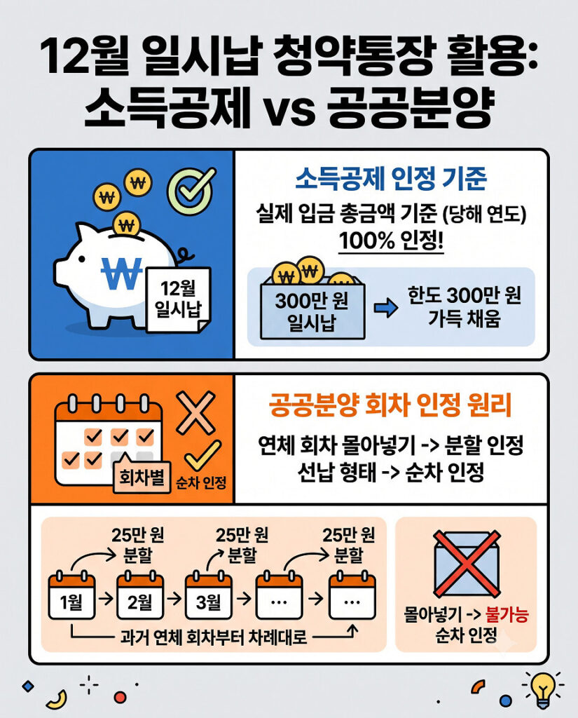 청년 주택드림 통장 소득공제를 위한 일시납무의 경우 소득공제와 공공분양의 기준에서 어떻게 다른지를 설명하는 이미지입니다. 소득공제는 일시납이 인정되지만 공공분양에서는 회차별로 금액이 분할되어 입금되므로 상황에 맞게 선택하세요