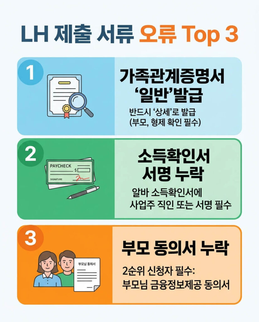 LH 청년 매입임대주택 서류 제출 시 자주 발생하는 오류 Top 3를 정리한 인포그래픽입니다. 가족관계증명서 상세 발급, 소득확인서 사업주 직인 및 서명, 2순위 신청자의 부모님 금융정보제공 동의서 누락 등 필수 주의사항을 안내합니다.