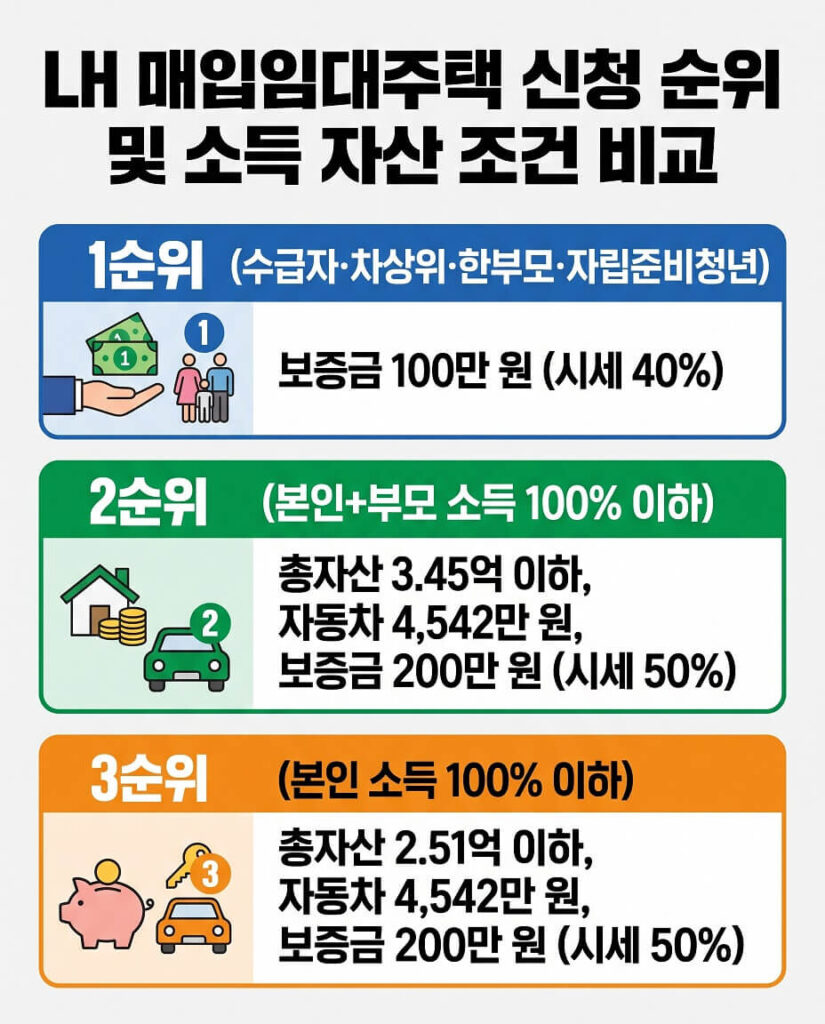 LH 매입임대주택 신청 순위별 소득 및 자산, 임대 조건 비교 인포그래픽입니다. 1순위(수급자·차상위), 2순위(본인+부모 소득 100% 이하, 총자산 3.45억), 3순위(본인 소득 100% 이하, 총자산 2.51억)의 요건과 보증금을 한눈에 비교할 수 있도록 정리했습니다.