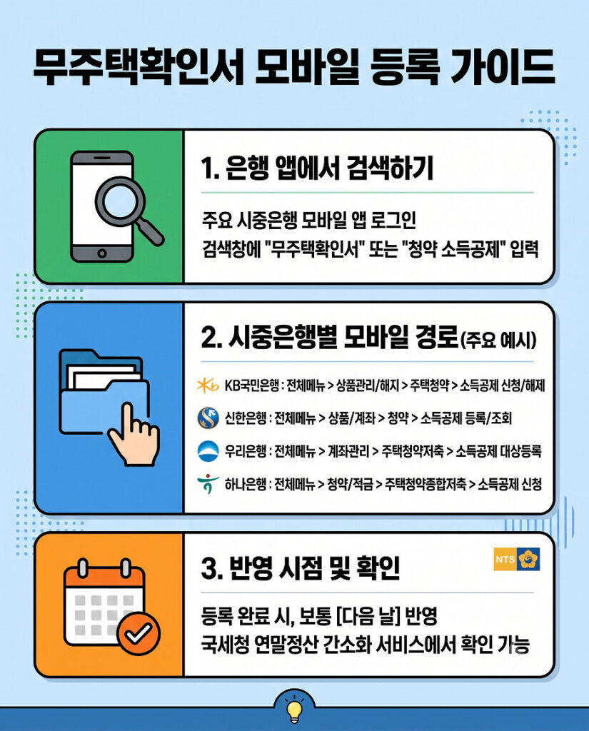 시중은행 모바일 앱을 이용한 청약통장 무주택확인서 등록 방법 안내 인포그래픽입니다. 앱 내 검색, 은행별 신청 경로, 국세청 연말정산 간소화 서비스 반영 시점 등 핵심 절차를 수직 레이아웃으로 간결하게 정리했습니다.
