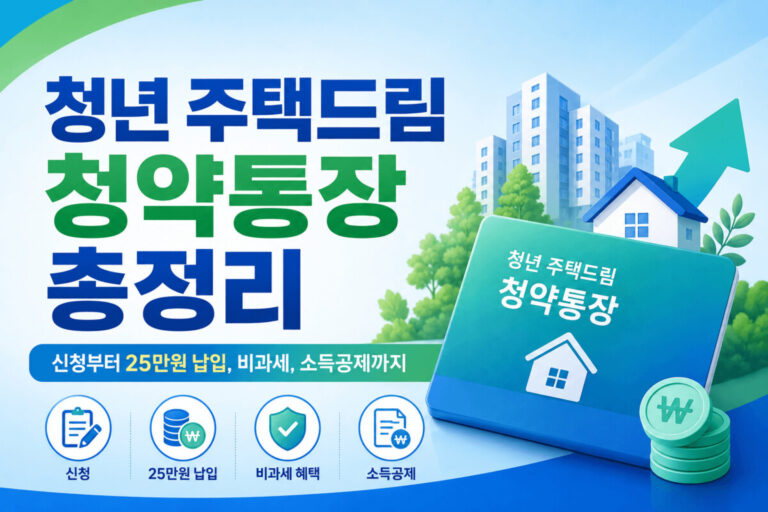 그린과 블루 색상 배경에 '청년 주택드림 청약통장 총정리' 메인 문구와 '신청부터 25만원 납입, 비과세, 소득공제까지' 서브 문구가 큰 글씨로 적혀 있고 우측 하단에 집과 청약통장 아이콘이 그려진 썸네일 이미지.