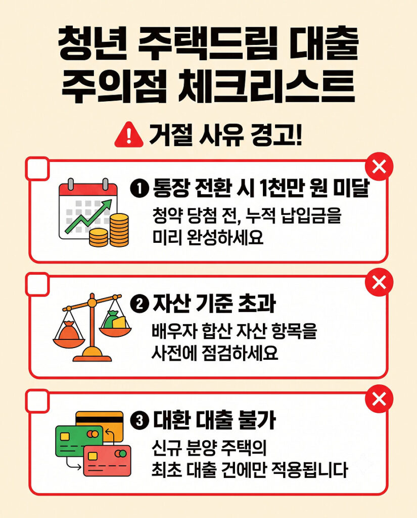 청년 주택드림 대출 신청 시 주의해야 할 부적격 거절 사유 3가지를 정리한 2D 플랫 세로형 인포그래픽입니다. 경고 표시와 체크박스가 포함되어 있으며 (1) 통장 전환 시 1천만 원 미달 (2) 자산 기준 초과 (3) 대환 대출 불가 내용을 명확히 전달합니다.
