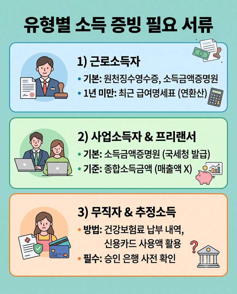 청년 주택드림 대출 심사 과정에서 소득증빙 시 필요한 서류 리스트와 산정 방식을 나타낸 인포그래픽으로 근로소득자, 사업소득자 및 프리랜서, 무직자로 나뉘어 설명하고 있습니다.