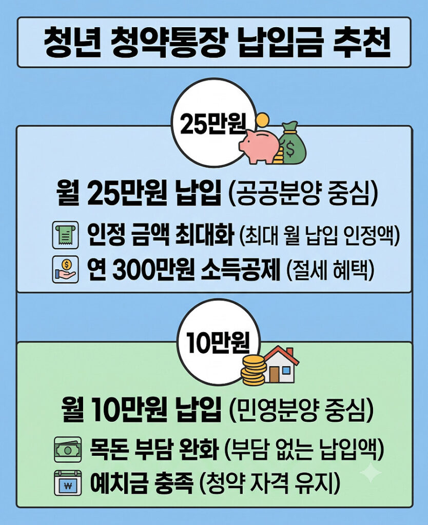 청년 청약통장 납입금 추천 인포그래픽으로, 월 25만원 납입(공공분양 중심, 인정 금액 최대화 및 연 300만원 소득공제)과 월 10만원 납입(민영분양 중심, 목돈 부담 완화 및 예치금 충족) 두 가지 옵션을 시각적으로 비교하여 보여줍니다.